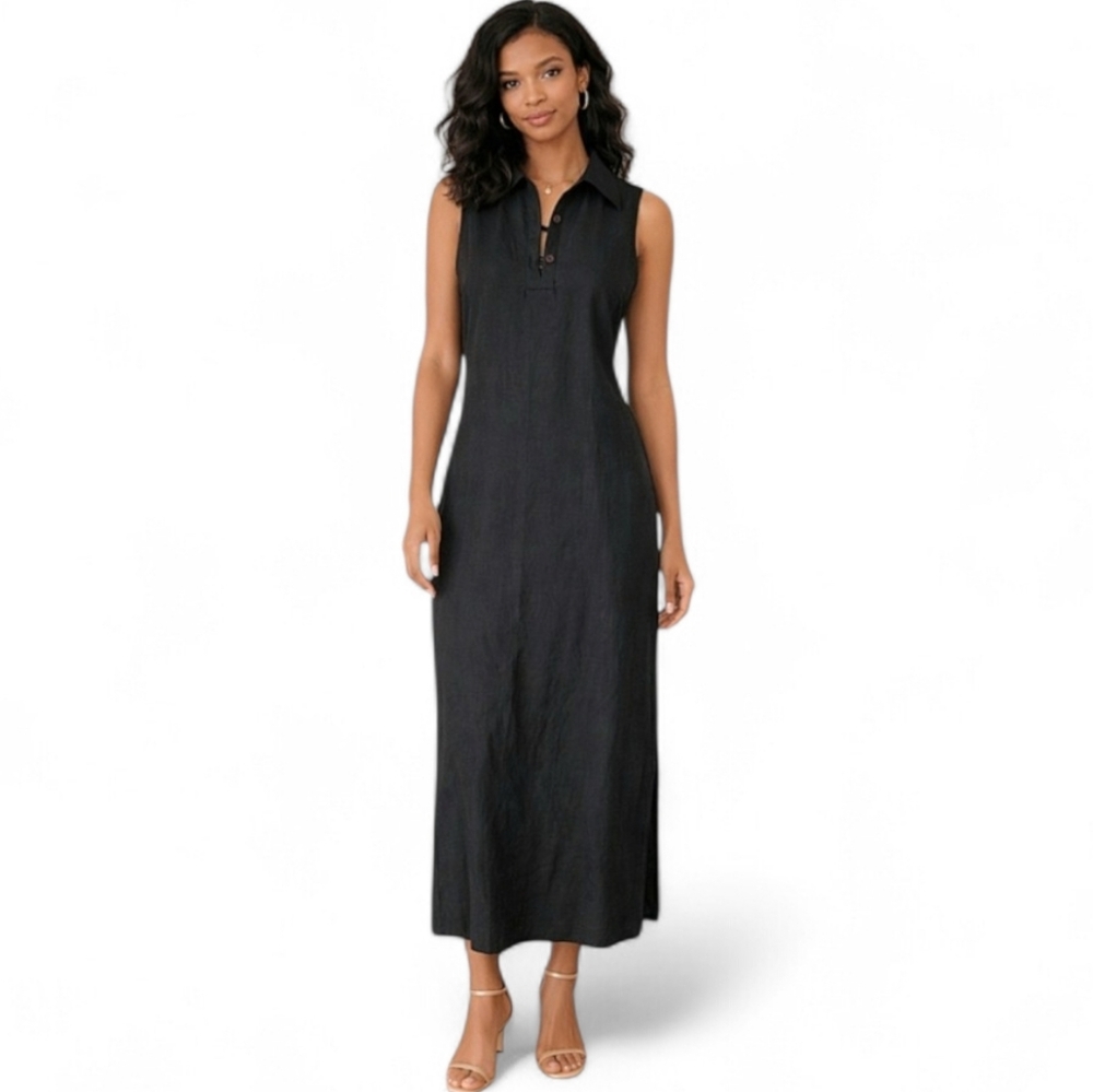 Eddie Bauer Silk/linen Collared Sleeveless Minimalist Maxi Dress. Black. Size 4